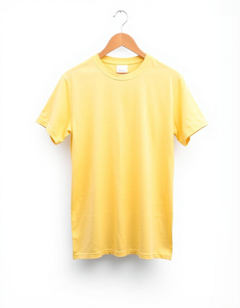 Yellow t-shirt on hanger isolated on white background with clipping pathの写真素材