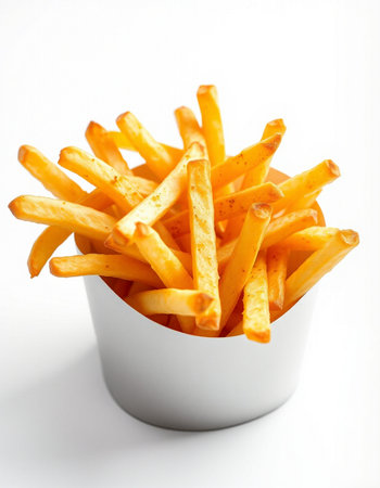 French fries in a paper box on a white background. Selective focus.