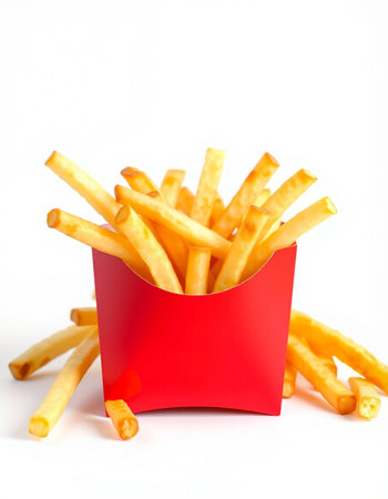 French fries in a red box on a white background. Fast food.の写真素材