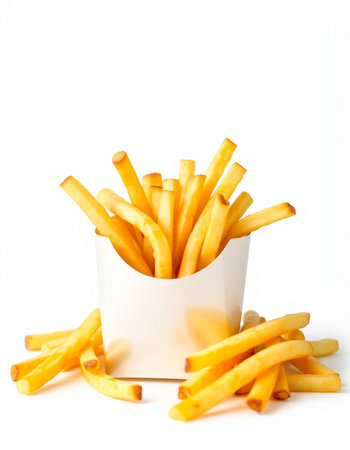 French fries in a white box on a white background. Isolated