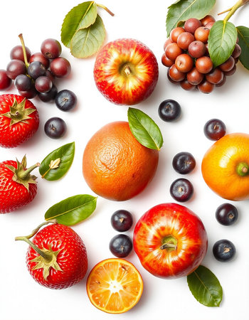 Fruits and berries on a white background. Healthy food concept.