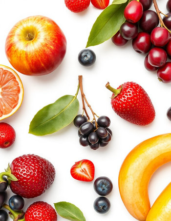 Fresh fruits and berries isolated on white background. Top view. Flat lay pattern