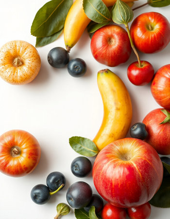 Fruits and vegetables on a white background. Flat lay, top viewの写真素材