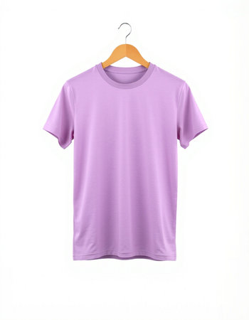 Purple t-shirt on a hanger isolated on a white backgroundの写真素材