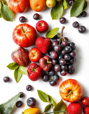 Fresh fruits and berries isolated on a white background. Top view.