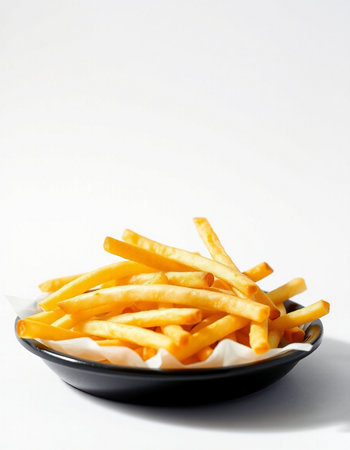 Golden French fries in a black bowl on white background with copy spaceの写真素材