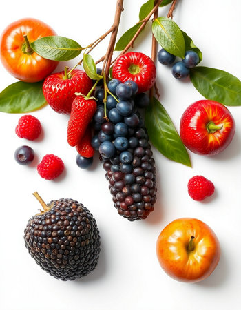 Mix of fresh fruits and berries on white background. Top view.の写真素材