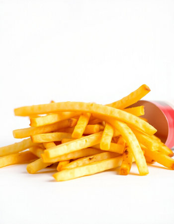 Golden French fries potatoes on a white background. Shallow depth of field