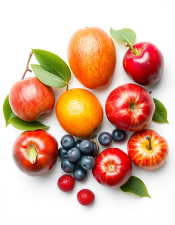 Fruits on a white background. Healthy food. Top view.の写真素材