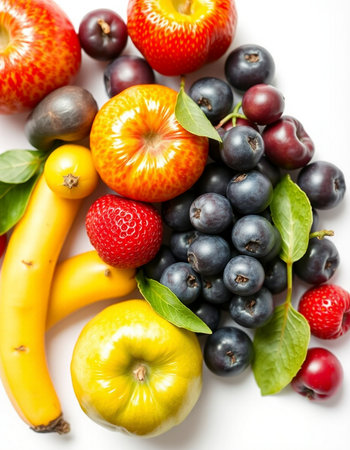 Fruits and berries on a white background. View from above.