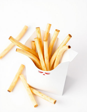 French fries in a paper box on a white background. Fast food.