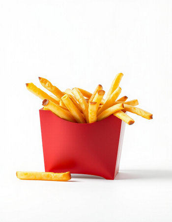 French fries in a red box on a white background, fast food