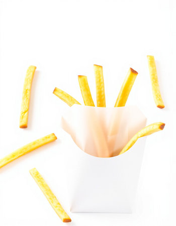 French fries in paper box on white background. Fast food concept.の写真素材