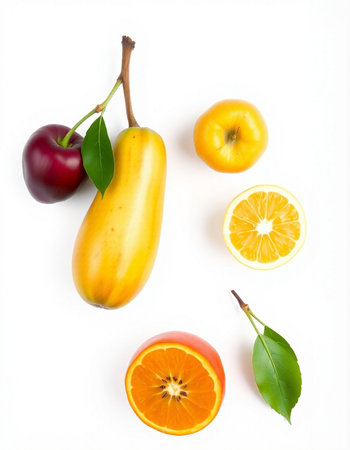 Fruits isolated on a white background. Top view. Flat layの写真素材