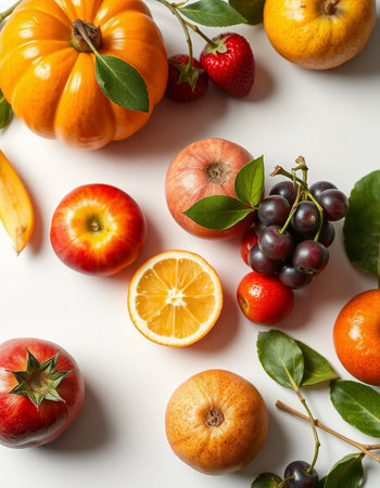 Fresh fruits and vegetables on a white background. Healthy food concept.