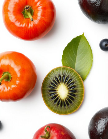 Kiwi, tomato, apple and plum isolated on white backgroundの写真素材