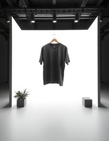 Blank black t-shirt hanging on a hanger in the roomの写真素材