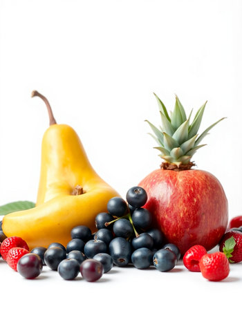 Pineapple, black currant, strawberry, blueberry and red currant on white background