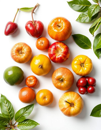 Variety of fresh fruits and vegetables on white background, top viewの写真素材