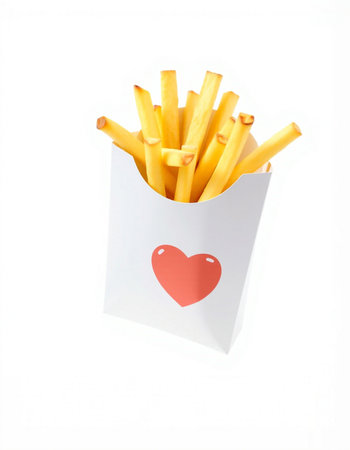 French fries in paper box with red heart isolated on white background.