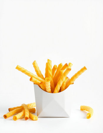 French fries in a white box on a white background with space for text