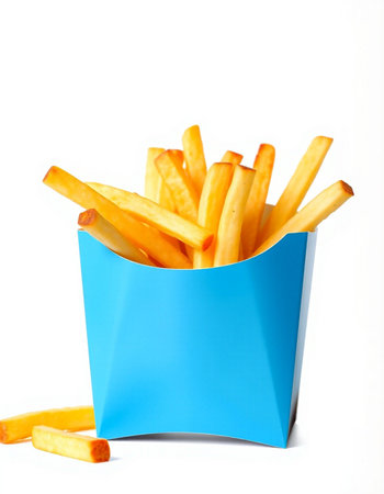 French fries in a blue box on a white background. Isolatedの写真素材