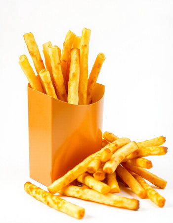 French fries in a paper box on a white background. Isolated
