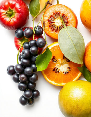 Fresh fruits on a white background. Healthy food. Top view.