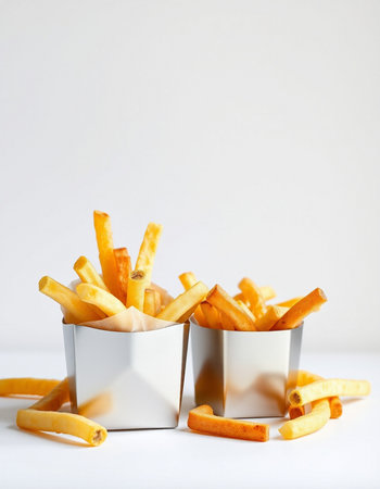 French fries in a paper cup on a white background. Selective focus.