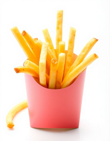 French fries in a pink box on a white background close-up