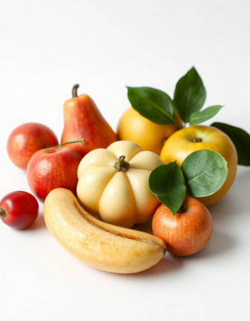 Autumn fruits and vegetables on white background. Healthy food concept.の写真素材