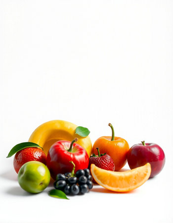 Fruits and vegetables isolated on white background. Healthy food concept.の写真素材