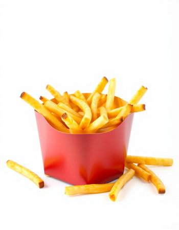 French fries in a red box isolated on white background. Selective focus.