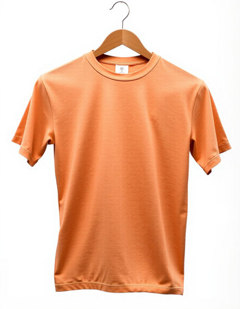Orange t-shirt on a hanger isolated on a white backgroundの写真素材