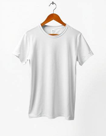 White t-shirt on a hanger on a white background. Mock up