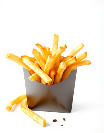 French fries in a paper box on a white background. Isolated