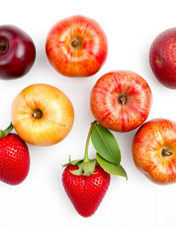 Red apples and strawberries isolated on white background. Top viewの写真素材