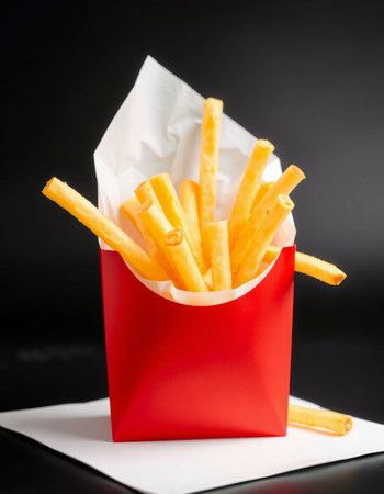 French fries in a red box on a black background, fast foodの写真素材