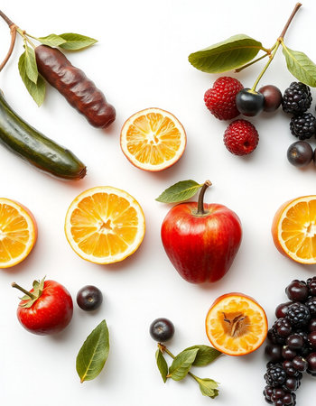 Fruits and berries on a white background. Flat lay, top viewの写真素材