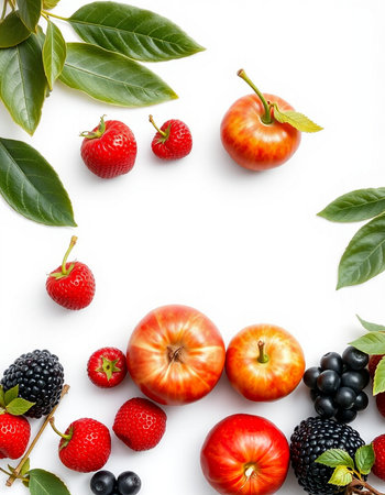 Fruits and berries on white background. Top view with copy spaceの写真素材