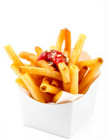 French fries with ketchup on a white background. Selective focus