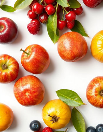 Fresh fruits and berries on white background. Flat lay, top viewの写真素材