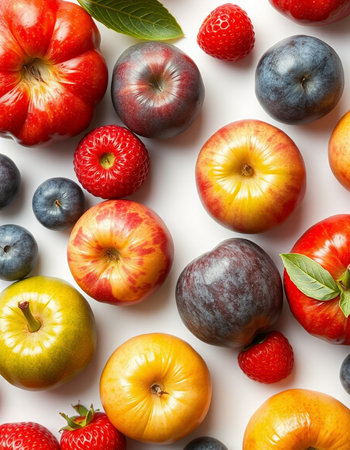 Colorful fruit pattern on white background. Flat lay, top viewの写真素材
