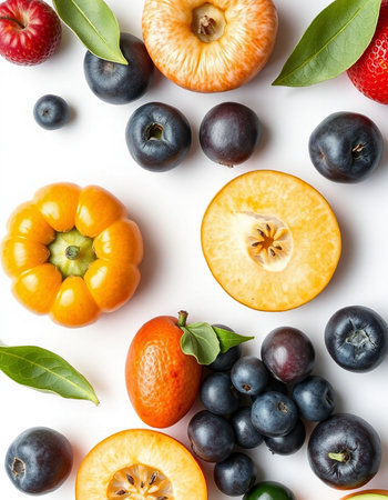 Fruits and vegetables on a white background. Flat lay, top view