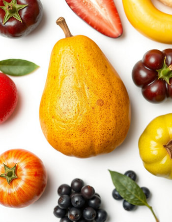 Fruits and vegetables on white background, top view. Healthy foodの写真素材