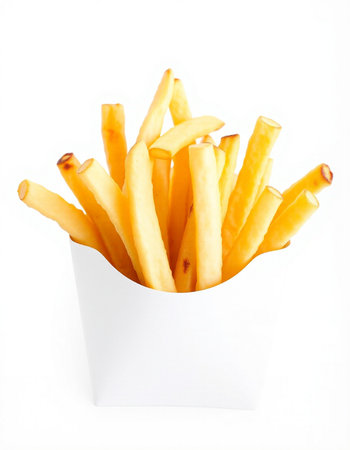 French fries in a white box isolated on white background. Selective focus.