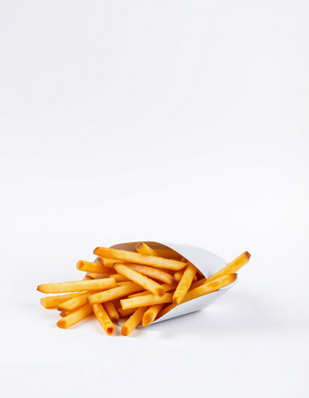 French fries in a white bowl on a white background. Fast food.の写真素材