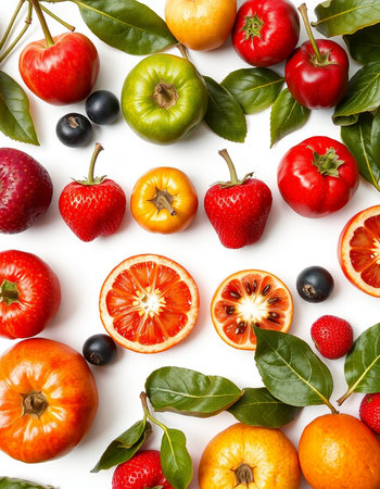 Fruits and vegetables isolated on white background. Flat lay, top viewの写真素材