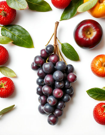 Fruits on a white background. Ripe grapes, apples and plums.