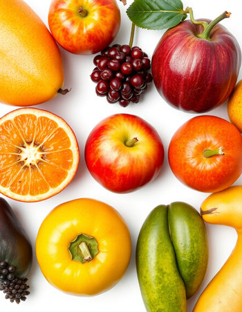 Fruits and vegetables isolated on white background. Flat lay, top viewの写真素材